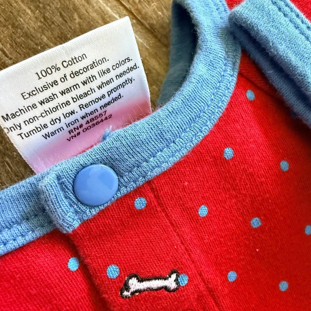 Mary Engelbreit Baby VTG Dog Puppy Polka Dot Snap Front Bodysuits,Blue Red, 0-3M